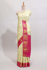 Cream butta designed art mysore silk saree with contrast zari border and blouse