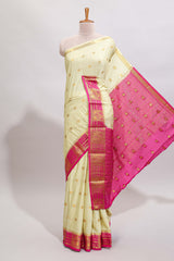 Cream butta designed art mysore silk saree with contrast zari border and blouse