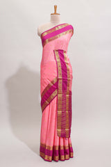 Peach butta designed art mysore silk saree with contrast zari border and blouse
