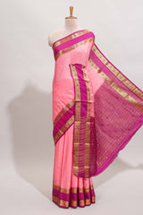 Peach butta designed art mysore silk saree with contrast zari border and blouse