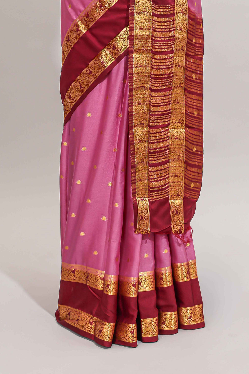 Pink butta designed art mysore silk saree with contrast zari border and blouse