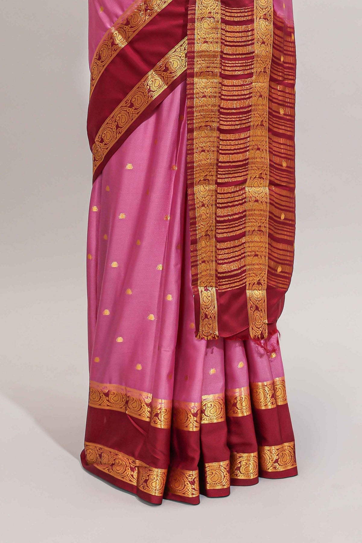 Pink butta designed art mysore silk saree with contrast zari border and blouse