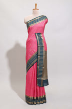 Pink checked zari motifs art mysore silk saree with contrast zari border and checked blouse
