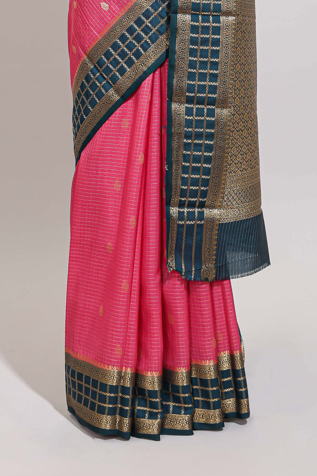 Pink checked zari motifs art mysore silk saree with contrast zari border and checked blouse