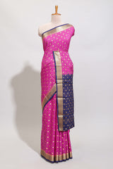 Magenta checked zari motifs art mysore silk saree with contrast zari border and checked blouse