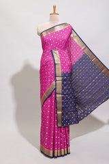 Magenta checked zari motifs art mysore silk saree with contrast zari border and checked blouse