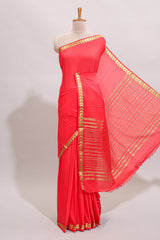 Red plain art mysore silk saree with self zari border and matching blouse