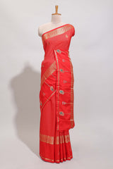 Red checked zari motifs art mysore silk saree with contrast zari border and checked blouse