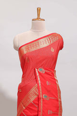 Red checked zari motifs art mysore silk saree with contrast zari border and checked blouse