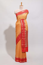 Orange checked zari motifs art mysore silk saree with contrast zari border and checked blouse