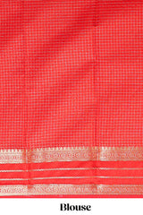 Orange checked zari motifs art mysore silk saree with contrast zari border and checked blouse