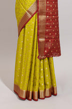 Lemon yellow checked zari motifs art mysore silk saree with contrast zari border and checked blouse