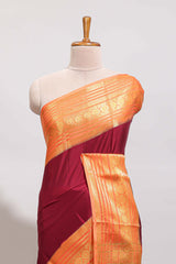 Maroon plain art mysore silk saree with contrast zari border and blouse