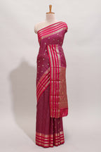 Purple checked zari motifs art mysore silk saree with contrast striped border and blouse