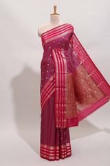 Purple checked zari motifs art mysore silk saree with contrast striped border and blouse