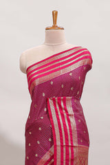 Purple checked zari motifs art mysore silk saree with contrast striped border and blouse