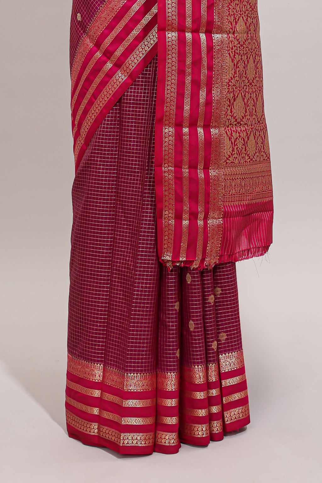 Purple checked zari motifs art mysore silk saree with contrast striped border and blouse