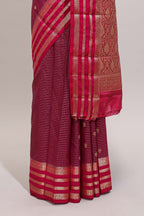 Purple checked zari motifs art mysore silk saree with contrast striped border and blouse
