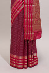 Purple checked zari motifs art mysore silk saree with contrast striped border and blouse