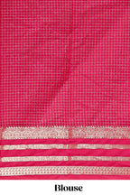 Purple checked zari motifs art mysore silk saree with contrast striped border and blouse
