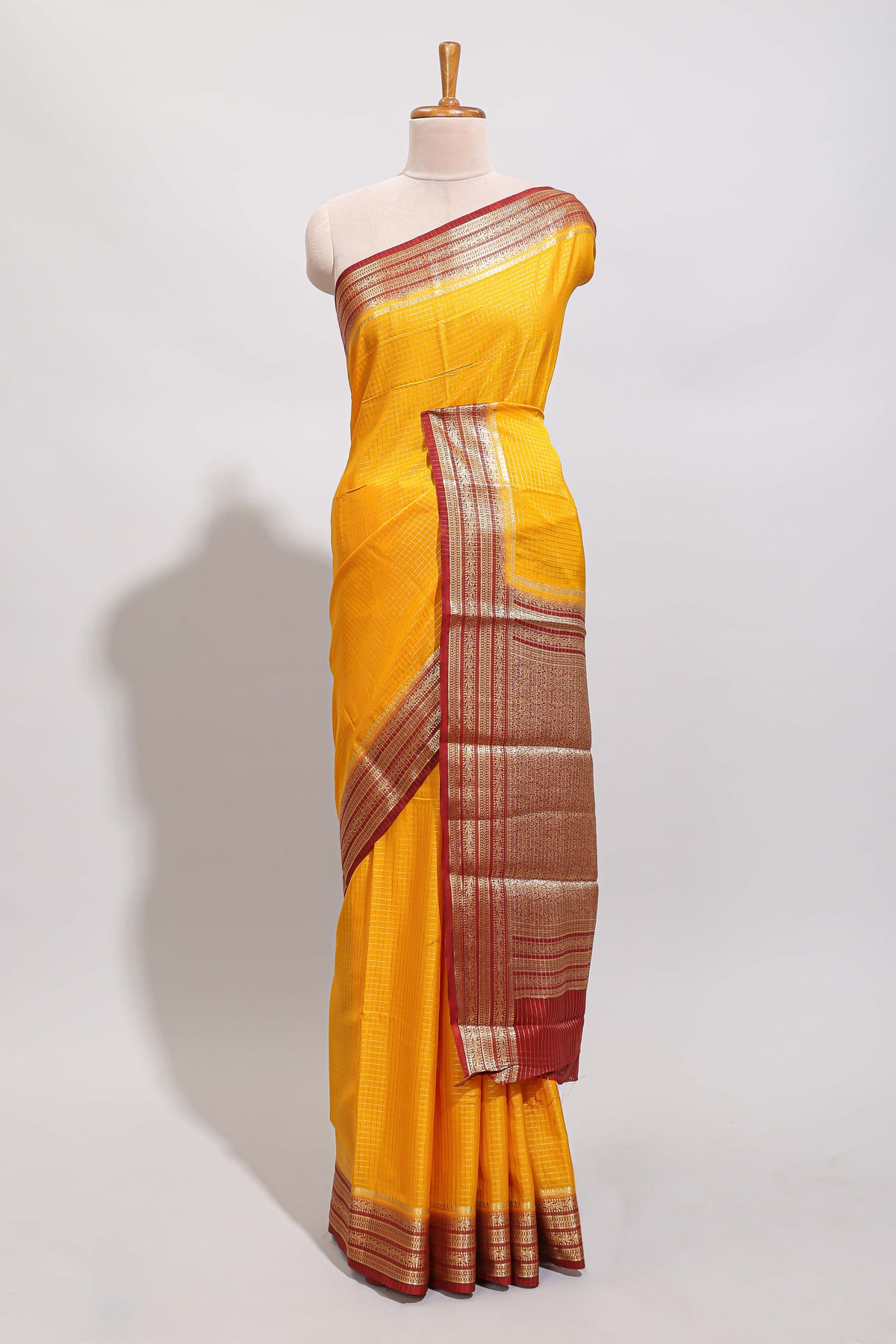 Yellow checked zari design art mysore silk saree with contrast border and blouse