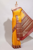 Yellow checked zari design art mysore silk saree with contrast border and blouse