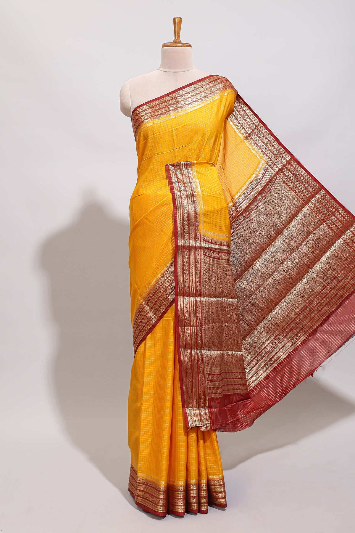 Yellow checked zari design art mysore silk saree with contrast border and blouse