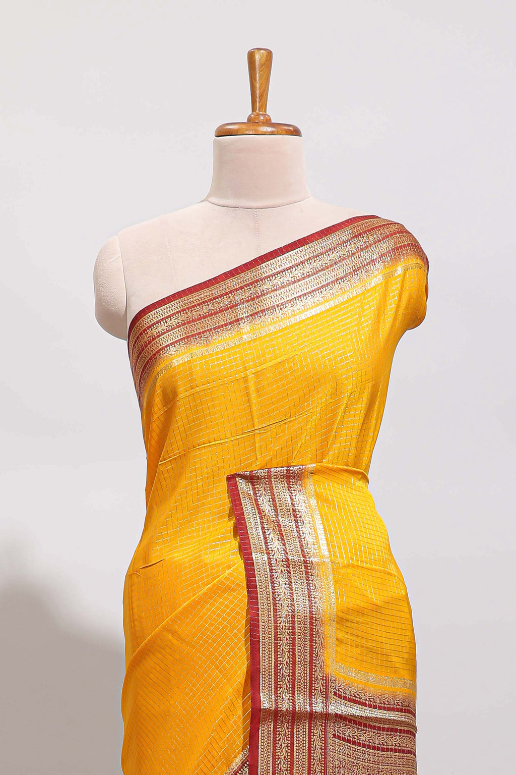 Yellow checked zari design art mysore silk saree with contrast border and blouse