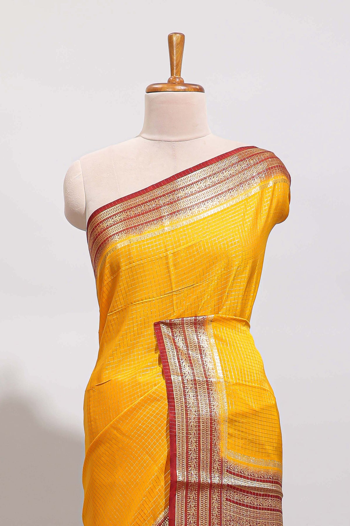 Yellow checked zari design art mysore silk saree with contrast border and blouse