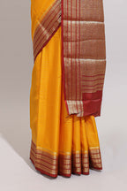 Yellow checked zari design art mysore silk saree with contrast border and blouse