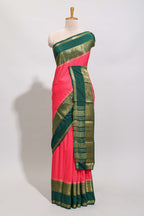 Pink checked zari design art mysore silk saree with contrast border and checked blouse