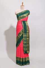Pink checked zari design art mysore silk saree with contrast border and checked blouse