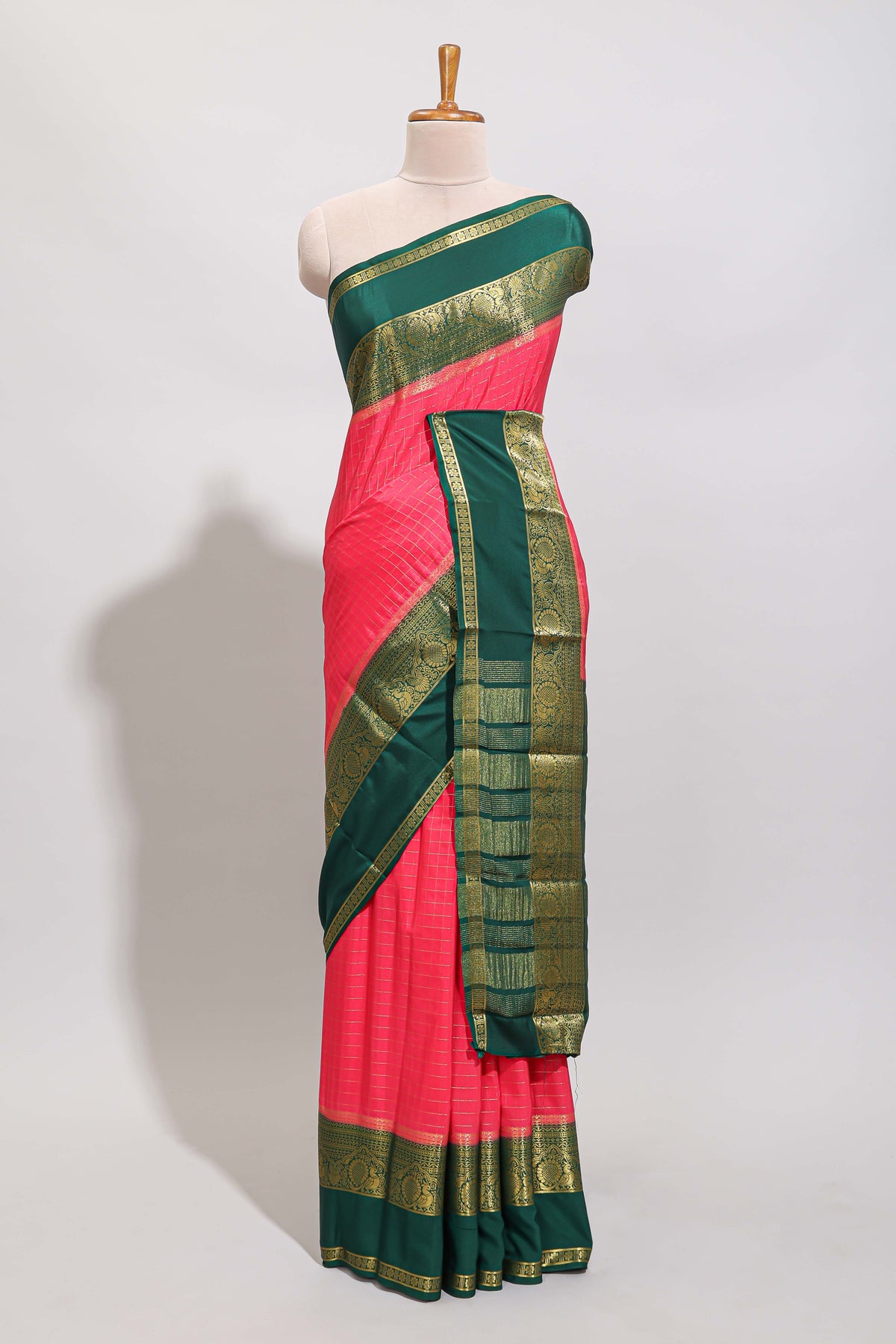 Pink checked zari design art mysore silk saree with contrast border and checked blouse