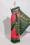Pink checked zari design art mysore silk saree with contrast border and checked blouse