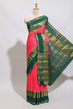 Pink checked zari design art mysore silk saree with contrast border and checked blouse