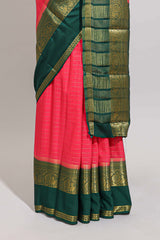 Pink checked zari design art mysore silk saree with contrast border and checked blouse
