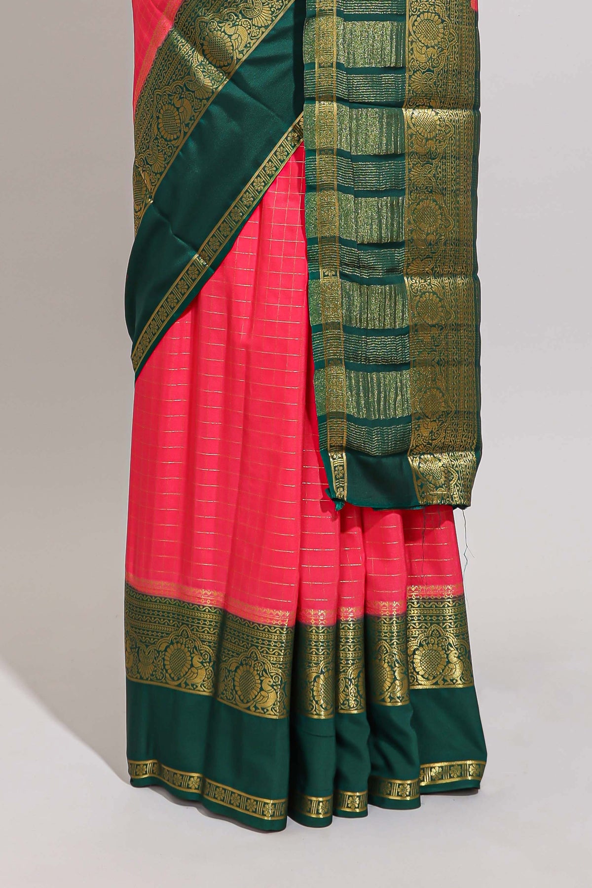 Pink checked zari design art mysore silk saree with contrast border and checked blouse