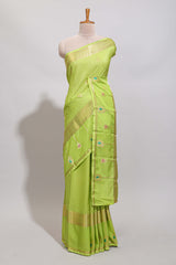 Green checked zari motifs design art mysore silk saree with self zari border and matching checked blouse
