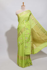 Green checked zari motifs design art mysore silk saree with self zari border and matching checked blouse