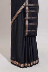 Black plain design art mysore silk saree with self zari border and matching blouse