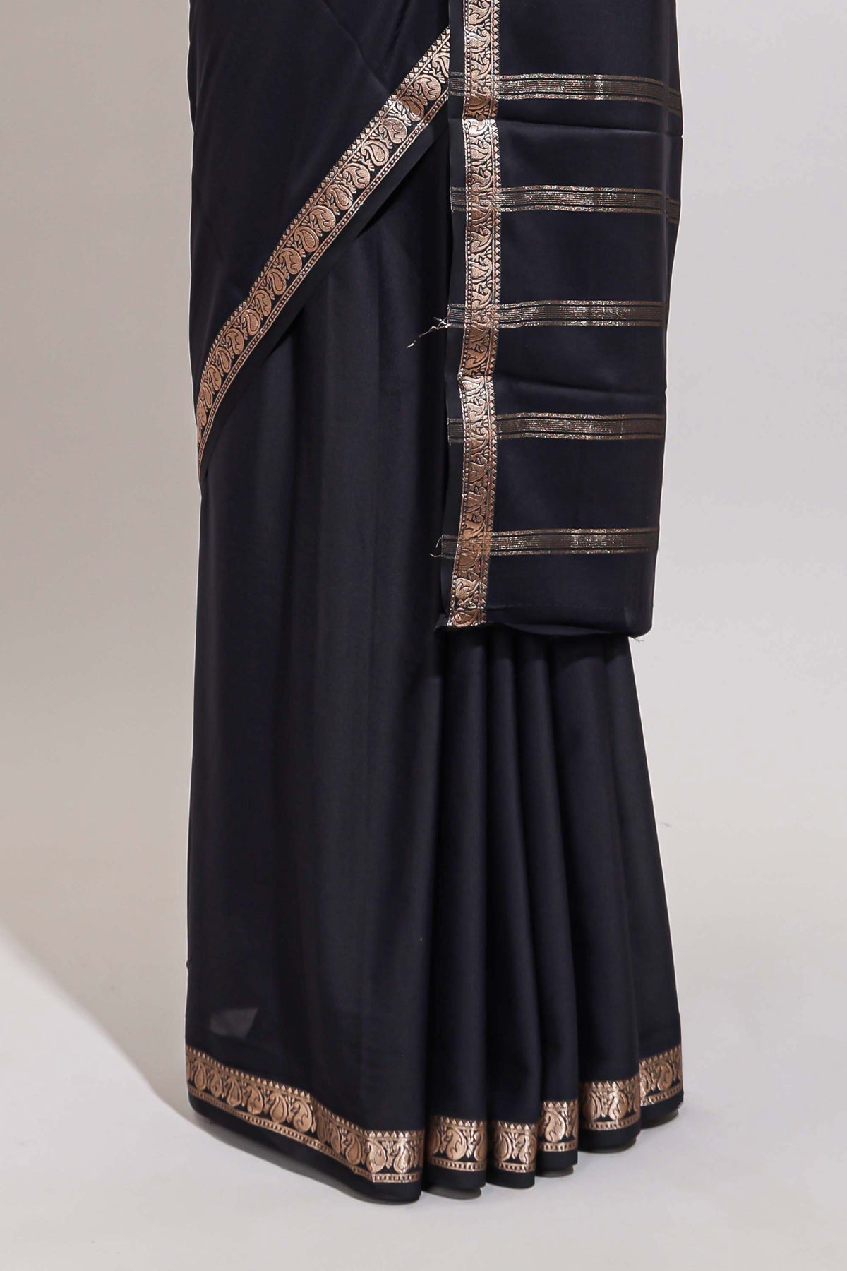 Black plain design art mysore silk saree with self zari border and matching blouse