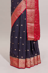 Violet checked zari design art mysore silk saree with contrast zari border and checked blouse
