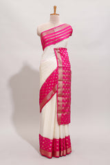 White checked zari design art mysore silk saree with contrast zari border and checked blouse