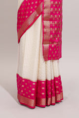 White checked zari design art mysore silk saree with contrast zari border and checked blouse