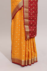 Yellow checked zari motifs design art mysore silk saree with contrast zari border and checked blouse