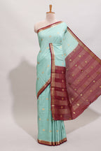Turquoise green checked zari motifs design art mysore silk saree with contrast zari border and checked blouse