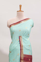 Turquoise green checked zari motifs design art mysore silk saree with contrast zari border and checked blouse