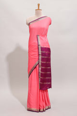 Pink plain design art mysore silk saree with contrast zari border and blouse
