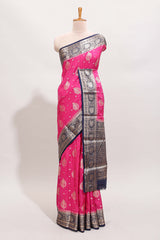 Pink leaf zari motifs design art mysore silk saree with contrast zari border and blouse
