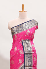 Pink leaf zari motifs design art mysore silk saree with contrast zari border and blouse